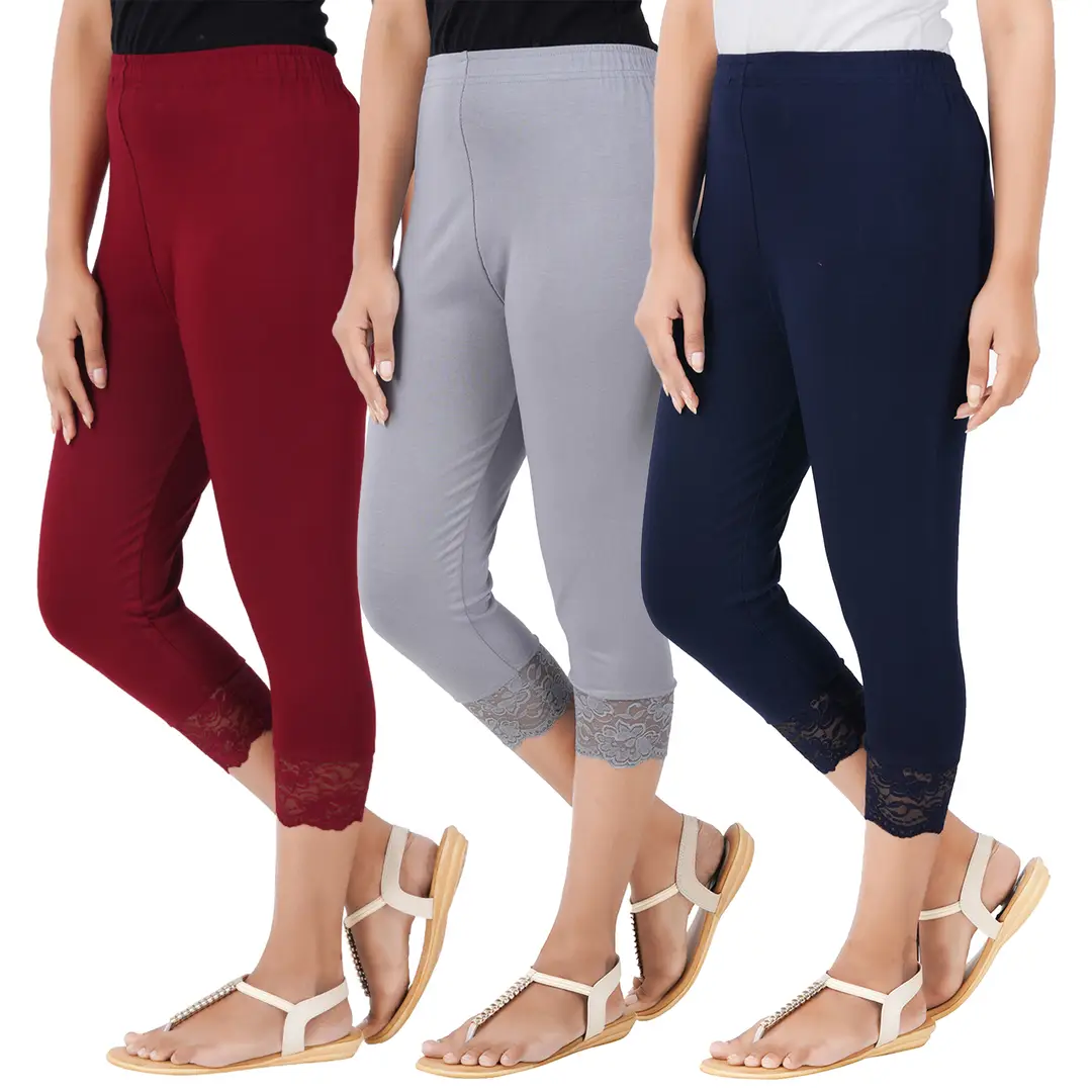 Multicoloured Combo Pack of 3 Skinny Fit 3/4 Lace Capris Leggings for  Women's