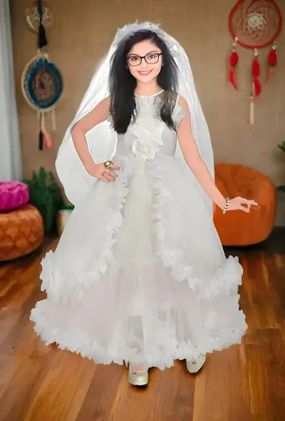 White Party Wear Long Net Frock Pari Dress
