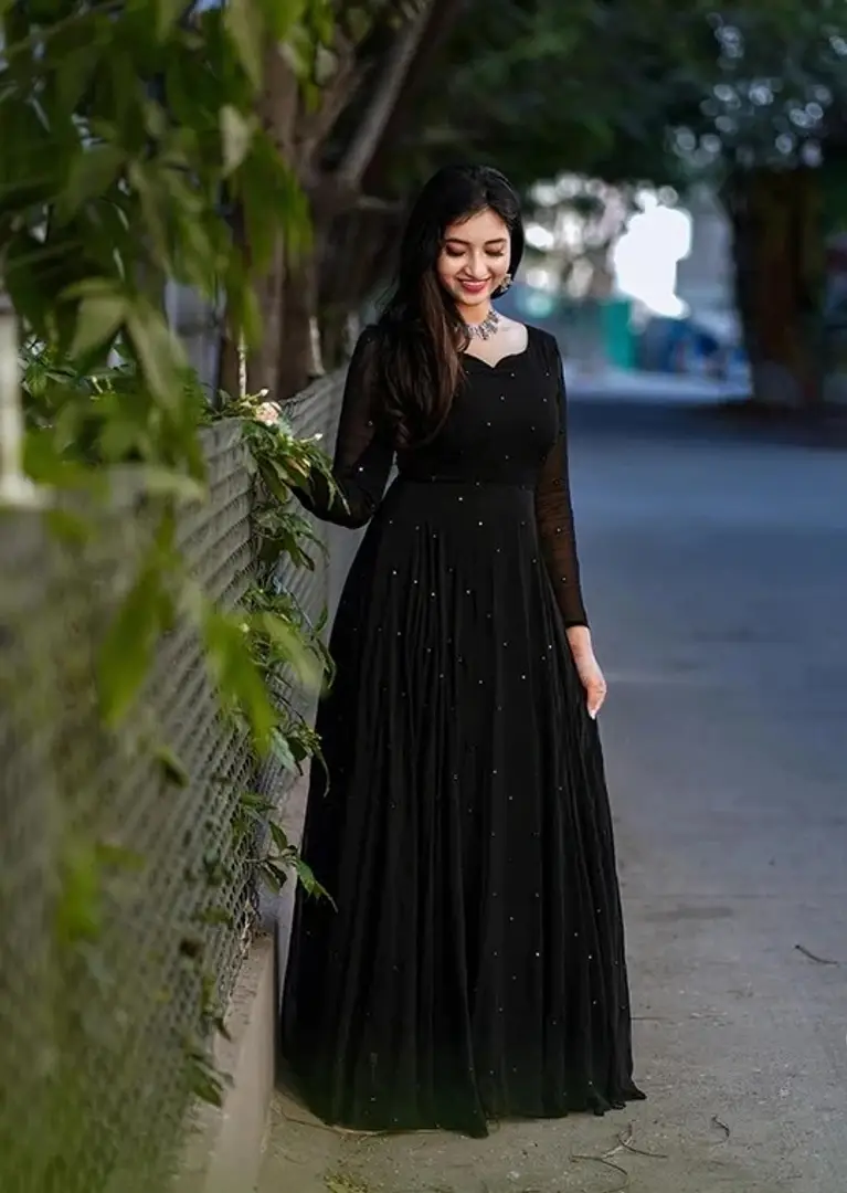 Trendy Georgette Black Color All Over Pearl Work Long Dress Gown