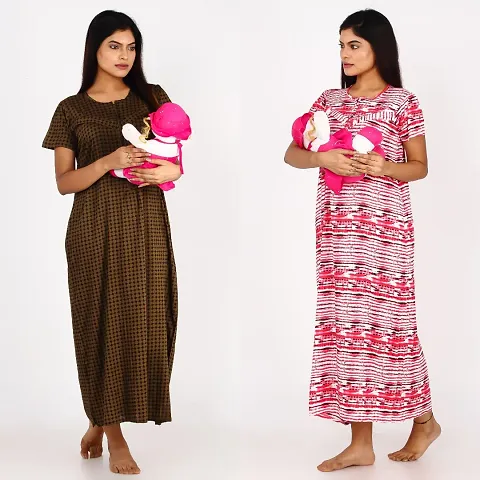 Classic Cotton Printed Maternity Night Gowns for Women, Pack of 2