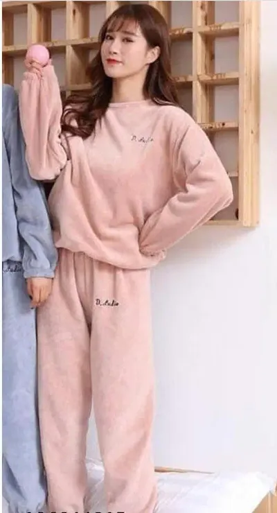 Trendy Wool Pink Solid Long Sleeves Round Neck Nightwear Top With Pajama Set For Women