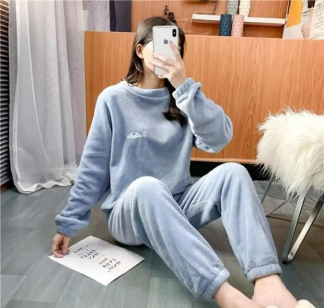 Stylish Blue Woolen Night Top with Pajama Set For Women