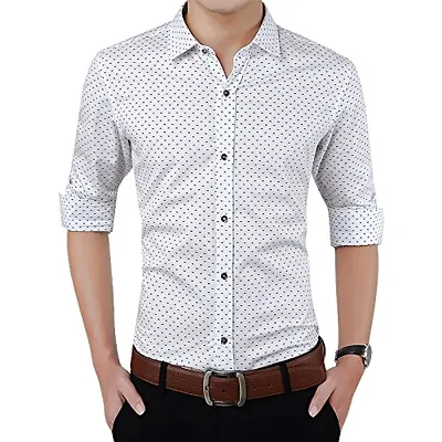 Men's White Cotton Long Sleeves Printed Slim Fit Casual Shirt