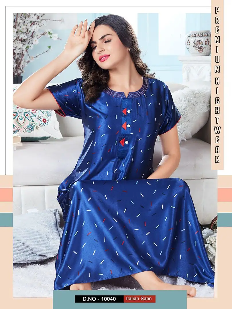 Stylish Fancy Blue Satin Printed Nighty For Women