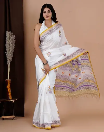Chanderi Cotton Hand Block Printed Sarees With Blouse Piece
