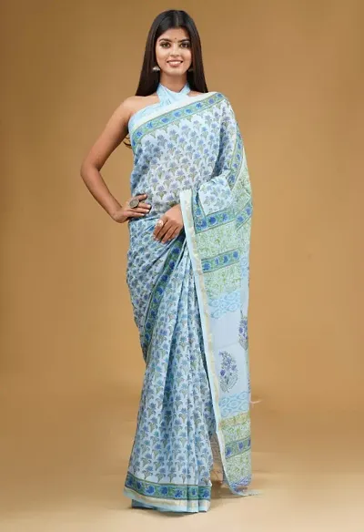Chanderi Cotton Hand Block Printed Sarees With Blouse Piece