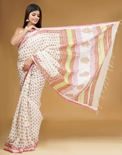 Chanderi Cotton Hand Block Printed Sarees With Blouse Piece
