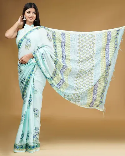 Chanderi Cotton Hand Block Printed Sarees With Blouse Piece
