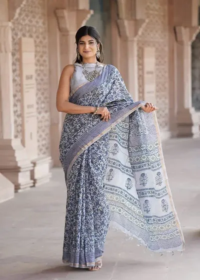 Chanderi Cotton Hand Block Printed Sarees With Blouse Piece