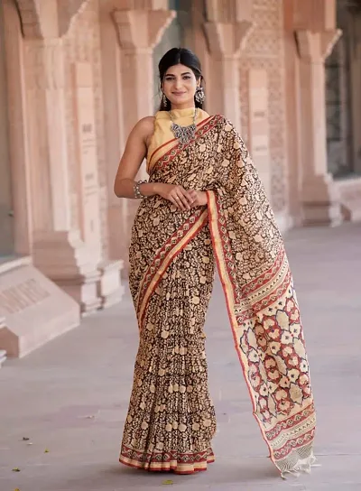 Chanderi Cotton Hand Block Printed Sarees With Blouse Piece