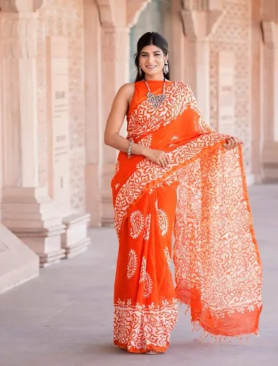 Chanderi Cotton Hand Block Printed Sarees With Blouse Piece
