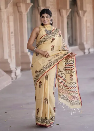 Chanderi Cotton Hand Block Printed Sarees With Blouse Piece