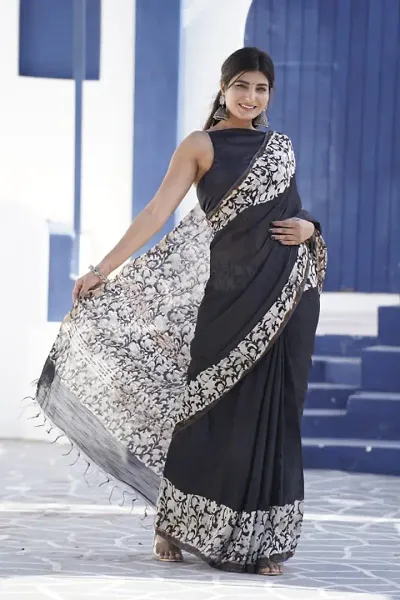 Chanderi Cotton Hand Block Printed Sarees With Blouse Piece