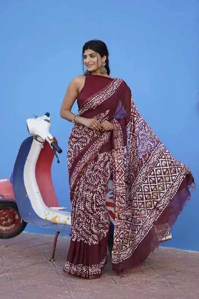 Chanderi Cotton Hand Block Printed Sarees With Blouse Piece