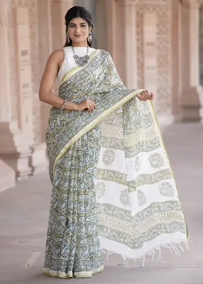 Chanderi Cotton Hand Block Printed Sarees With Blouse Piece