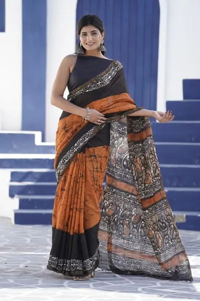 Chanderi Cotton Hand Block Printed Sarees With Blouse Piece
