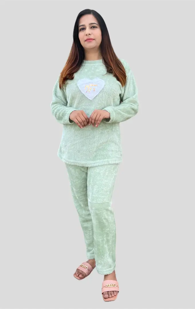 Women Winter Woolen Fur Warm Top and Bottom Set Night Suit