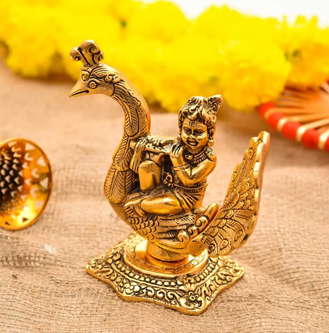 Indian Handmade Gold Plated Hindu God Krishna Kanha Ji Murti with Gomata and Flat Tree for Worship HomeOffice Temple Decorative Showpiece.