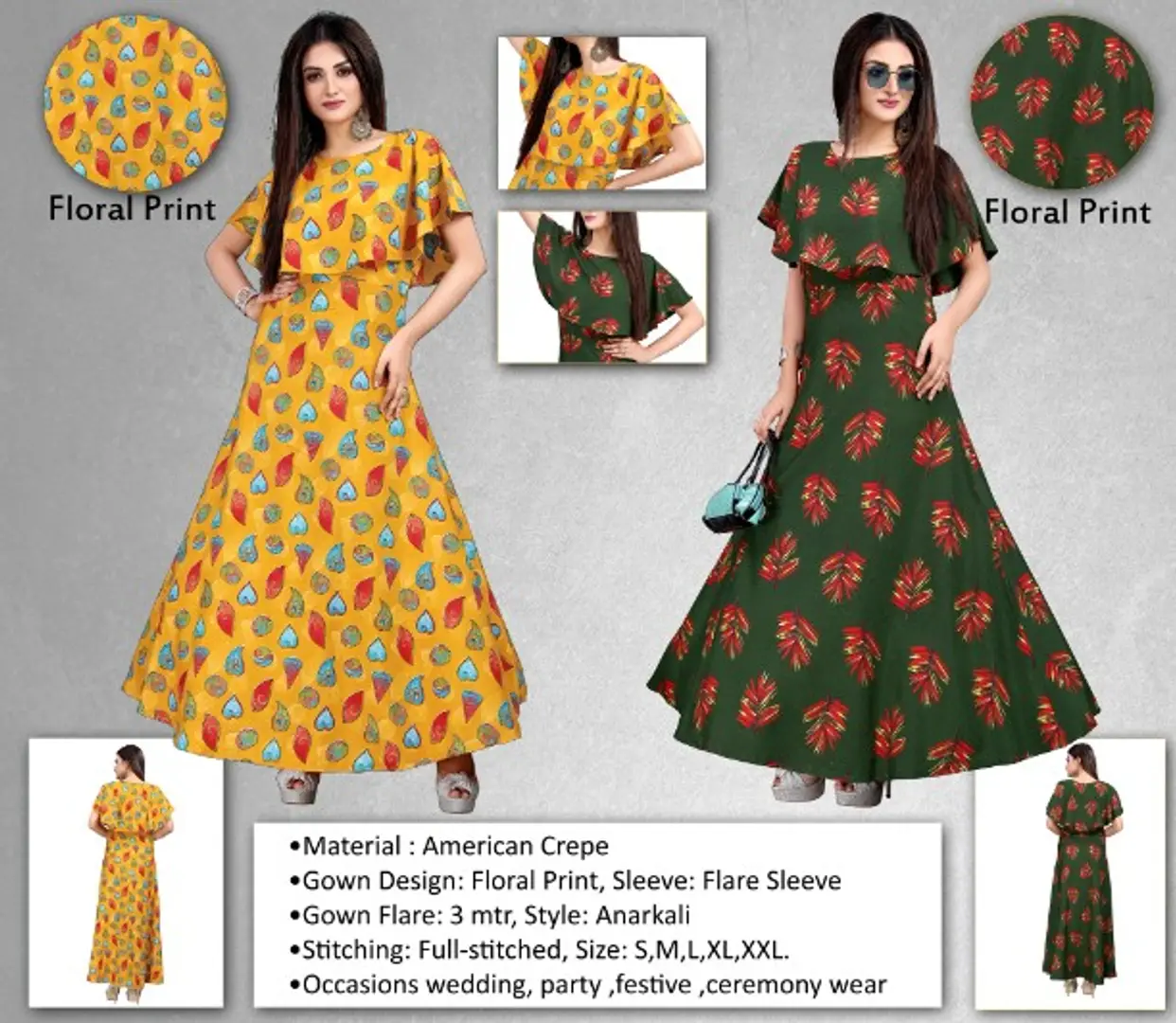 Multicoloured Crepe Floral Print Ethnic Gowns For Women