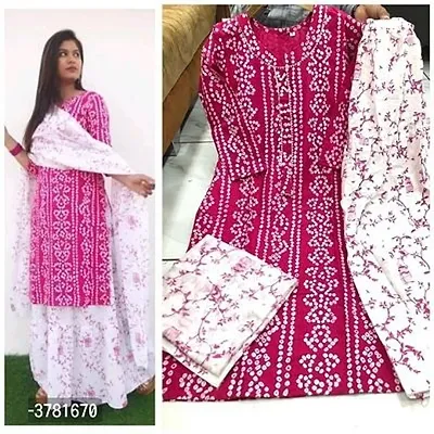 Rayon Cotton Printed Women Kurta Skirt Set with Dupatta