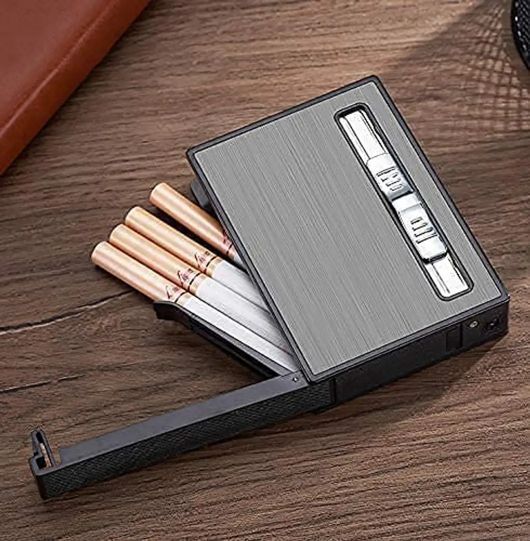 Portable Focus Ultra Thin Cigarette Case with inbuilt Cigarette Lighter, Full Pack 10 Regular Cigarettes Box