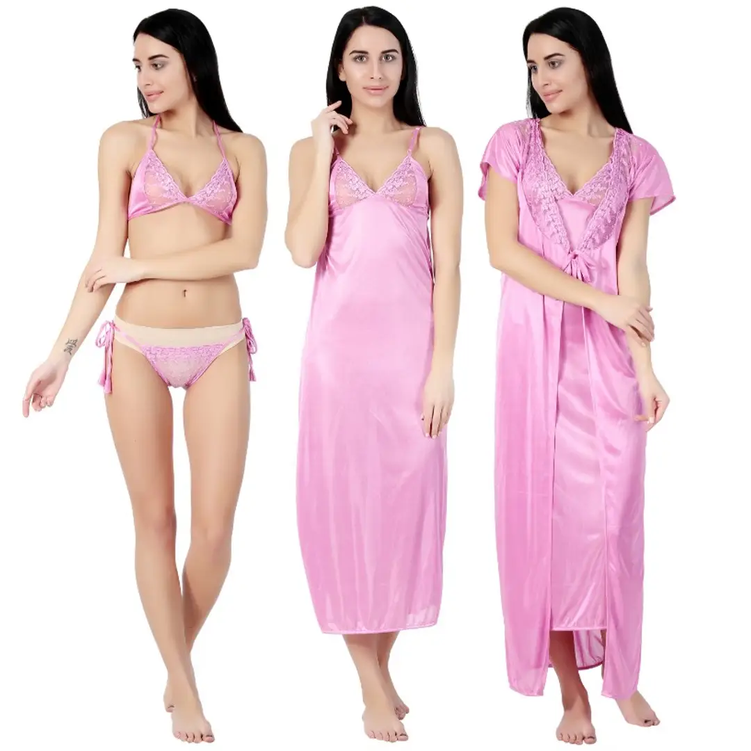 Sleepwear Full Length Ladies 6 Piece Black Nighty Dress Nightgown Bikini  Set, Satin
