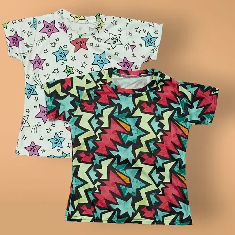 Stylish Polycotton Multicoloured Printed Round Neck T-shirt For Girl Combo Packs