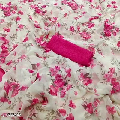 Stunning Pink Chiffon Flower Print Women Saree With Blouse Piece