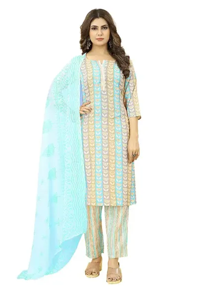 Fancy Cotton Kurta, Bottom and Dupatta Set Peach Sky Blue