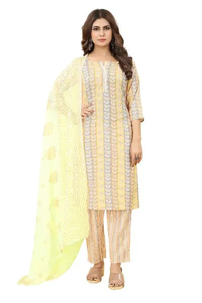 Fancy Cotton Kurta, Bottom and Dupatta Set Peach Yellow