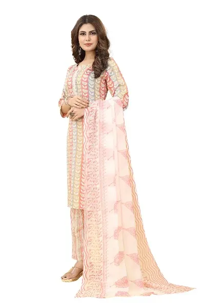 Fancy Cotton Kurta, Bottom and Dupatta Set Peach