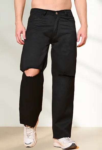 Jeanberry Loose Fit Denim Baggy Black Knee Cut Jeans