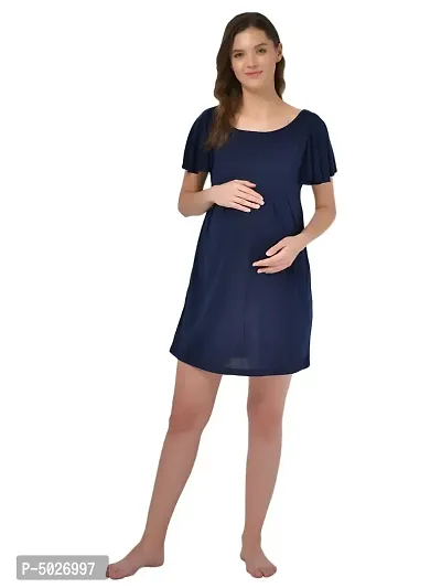 Stylish Navy Blue Polyester Blend Solid Feeding  Night Dress For Women