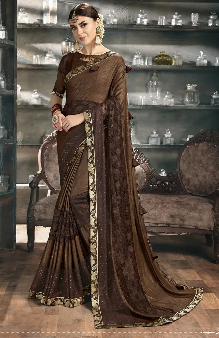 Chocolate Brown Imported Fabric Saree with Crystal, Mirror & Sequins F –  Ethnos