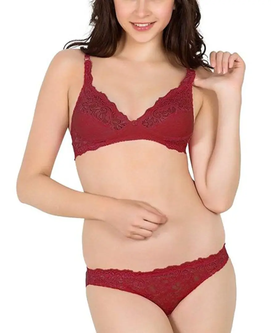 Maroon Solid Cotton with Net Lingerie Set