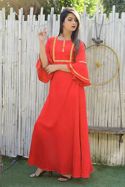 Peach Solid Rayon Gota Patti Work Kurtis