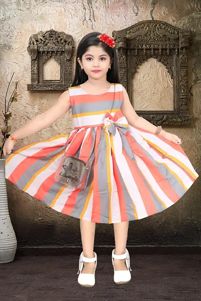 Stylish Multicoloured Linen Striped Fit And Flare Dress For Girl