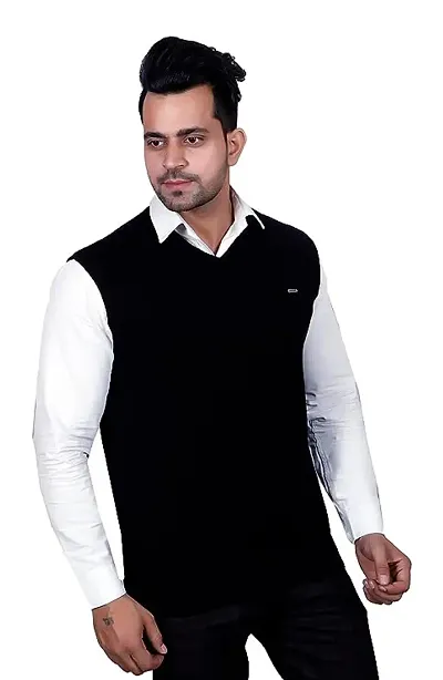 Men's Regular Fit Half Sleeve Plain Black V-Neck Sweater