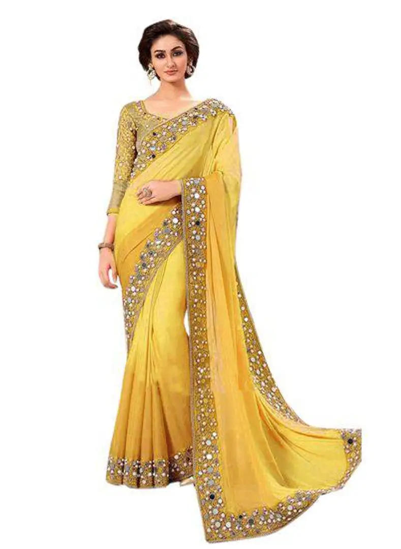 Yellow Mirror and Cutdana Work Saree in Organza Tissue