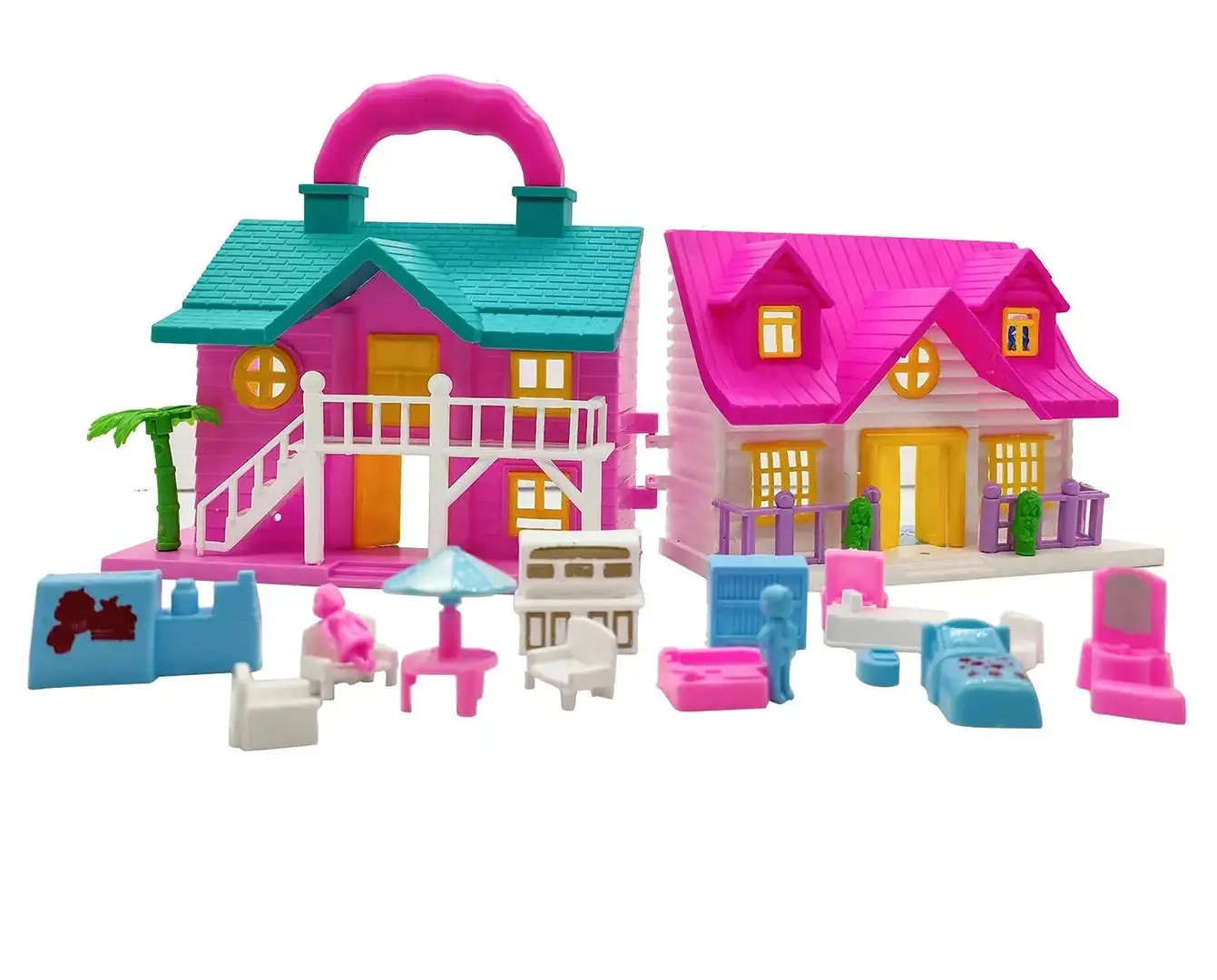 EdPlay Big Size Doll House Set Toy for Girls Kids Baby with Small Miniature Dolls Family Furniture and Barbie Accessories Bada guriya ka ghar dikhaiye Pink Color