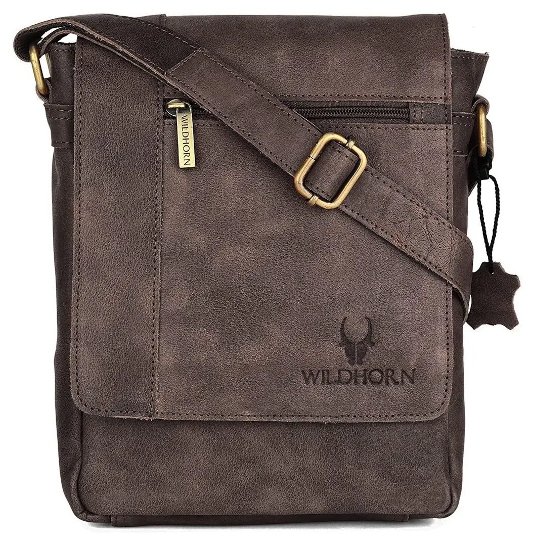 WILDHORN Leather 8.5 inch Sling Messenger Bag for Men I Multipurpose  Crossbody Bag I Travel Bag with Adjustable Strap I IDIMENSION: L- 8.5inch H-  10.5inch W- 3inch (Distressed Brown)
