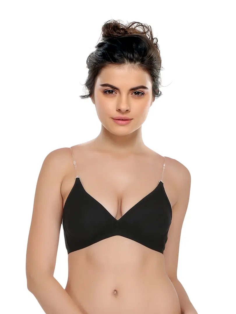 Cotton Non Padded Wirefree Demi Cup Bra With Detachable Transparent Straps  - Black