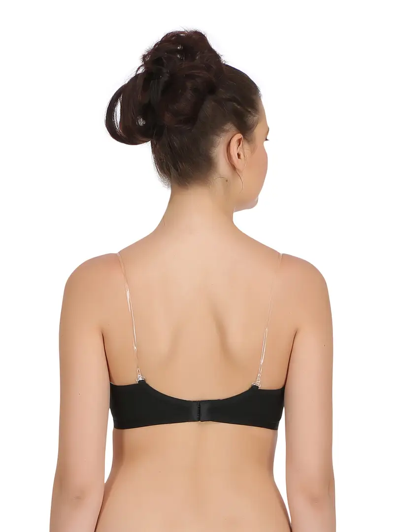 Cotton Non Padded Wirefree Demi Cup Bra With Detachable Transparent Straps  - Black