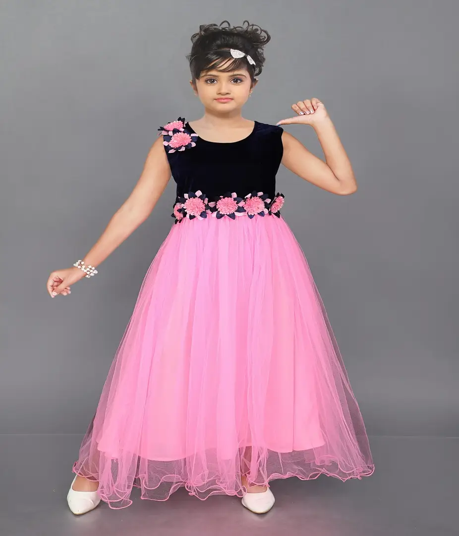 Stylish Fancy Net A Line Dress Self Pattern Pink Fullmaxi Frock For Girls