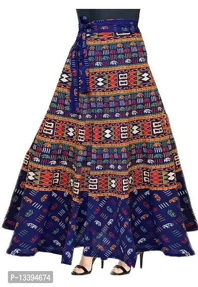 Cotton Women's Long Wrap Around Skirt Jaipuri Printed Free Size Blue