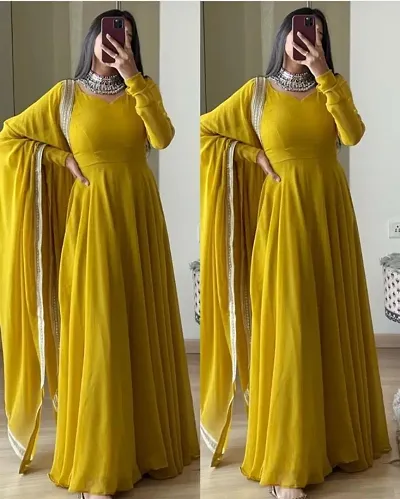 Yellow Georgette Ethnic Gowns For Women