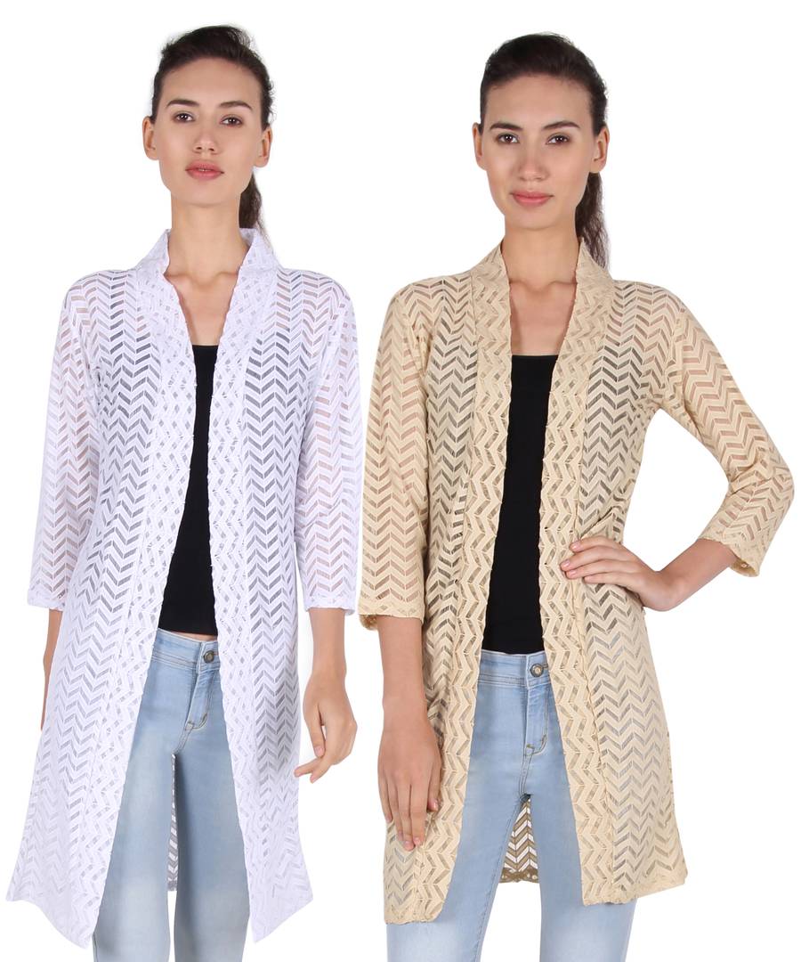Stylish Net Full Sleeve Long Length White Beige Combo Shrug For Women Pack Of 2