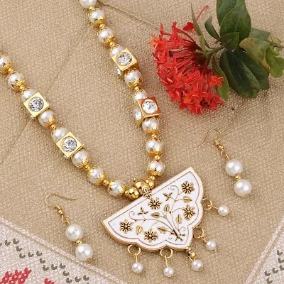 Charm Party Wear Golden White Pear Necklace Set For Women Girl