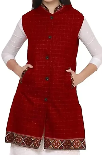 Red colored Kullu Woolen Winter Wear Long Jacket for Women