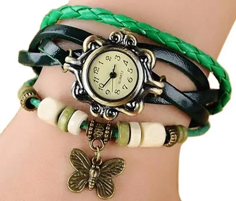 Vintage Round Dial Green Synthetic Leather Strap Analog Watch For Women